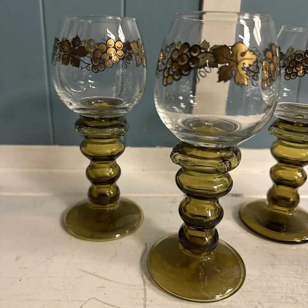 4 Gilded German Roemer Antique 7” Wine Glasses W/ Prunts Olive Green Bubble Stem